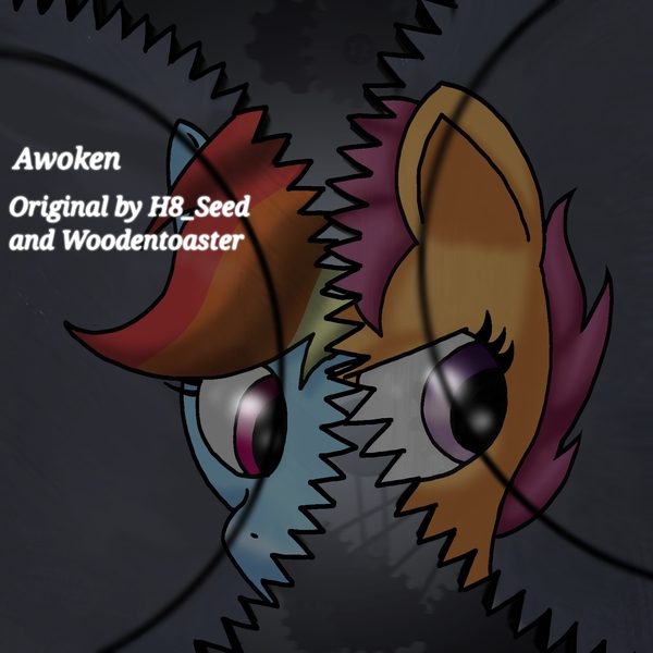 Size: 1654x1654 | Tagged: safe, artist:taeko, derpibooru import, rainbow dash, scootaloo, pegasus, pony, fanfic:rainbow factory, 2022, absentia, abstract background, awoken, duo, factory scootaloo, fanfic art, female, filly, foal, gears, image, jpeg, mare, rainbow factory dash
