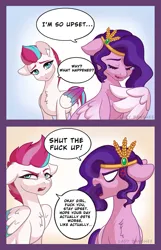 Size: 2023x3149 | Tagged: safe, artist:_ladybanshee_, derpibooru import, pipp petals, zipp storm, pegasus, pony, my little pony: a new generation, angry, annoyed, argument, chest fluff, comic, concerned, cross-popping veins, ear fluff, emanata, female, floppy ears, funny, g5, image, jewelry, jpeg, mare, meme, royal sisters (g5), sad, siblings, sisters, swearing, tiara, vulgar, wing fluff, wings