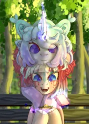 Size: 2500x3500 | Tagged: safe, artist:medkit, derpibooru import, oc, oc:star moonlight, oc:strawberry madness, unofficial characters only, earth pony, goo, goo pony, original species, pony, unicorn, bench, big eyes, couple, crying, eyes open, forest, forest background, four ears, happy, high res, horn, image, jewelry, love, marriage proposal, open mouth, paint tool sai 2, park, park bench, png, ring, sketch, slime, tears of joy, tree