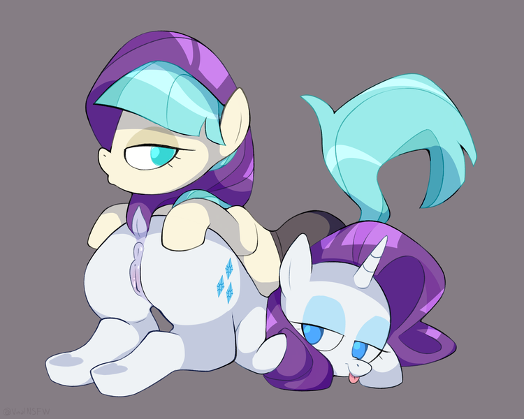 Size: 5000x4000 | Tagged: explicit, artist:vital, derpibooru import, coco pommel, rarity, earth pony, pony, unicorn, anus, butt, cute, female, image, lesbian, looking at each other, looking back, looking back at each other, mare, marshmallow coco, nudity, plot, png, raised tail, rearity, shipping, tail, tongue out, vulva