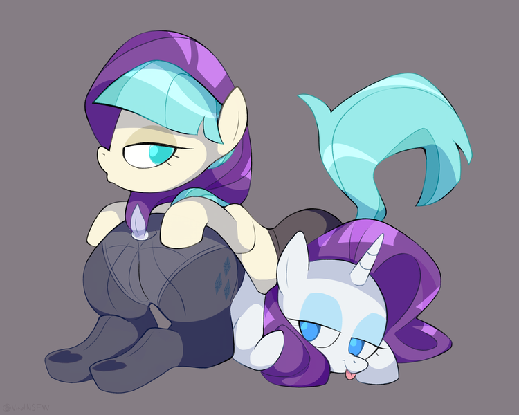 Size: 5000x4000 | Tagged: suggestive, artist:vital, derpibooru import, coco pommel, rarity, earth pony, pony, unicorn, butt, clothes, cute, female, image, lesbian, looking at each other, looking back, looking back at each other, mare, marshmallow coco, nudity, panties, pantyhose, plot, png, raised tail, rearity, shipping, tail, tongue out, underwear