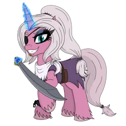 Size: 2800x2800 | Tagged: safe, artist:tertonda, derpibooru import, oc, oc:rose thorn, unofficial characters only, pony, unicorn, derpibooru community collaboration, 2023 community collab, belt, blue eyes, clothes, coat, cutlass, derpibooru exclusive, eyepatch, female, full body, glow, glowing horn, horn, image, lip piercing, magic, mare, neckerchief, piercing, pink fur, pink mane, pirate, png, ponytail, scar, shackles, simple background, solo, sword, tail, tattered, torn clothes, transparent background, unicorn oc, unshorn fetlocks, weapon