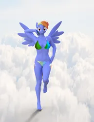 Size: 2800x3624 | Tagged: safe, artist:errantsfm, derpibooru import, rainbow dash, anthro, pegasus, plantigrade anthro, 3d, bikini, clothes, cloud, daz studio, female, grin, image, png, smiling, solo, solo female, spread wings, standing, standing on one leg, swimsuit, wings