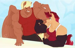 Size: 2449x1586 | Tagged: safe, artist:ponyanony, derpibooru import, oc, oc:flex, unofficial characters only, anthro, pegasus, unicorn, abs, anthro oc, biceps, bodybuilder, clothes, commission, deltoids, duo, flexing, flexing muscles, gloves, grin, hyper, hyper muscle, image, jpeg, long gloves, male, muscles, muscular male, pecs, pegasus oc, smiling, wings