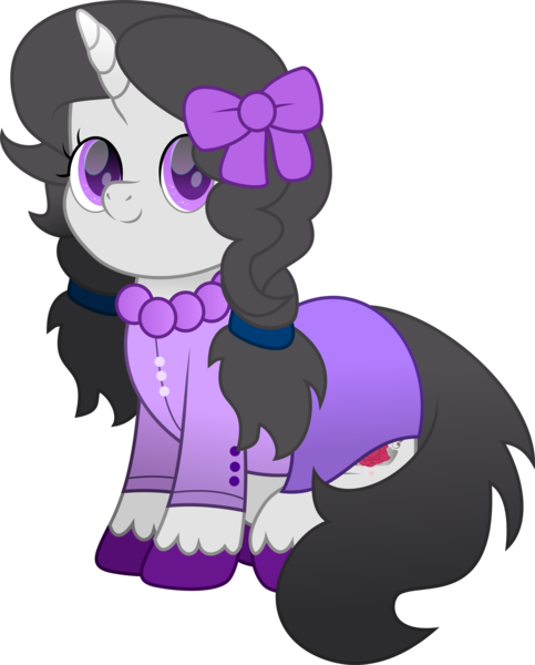 Size: 2981x3700 | Tagged: safe, artist:lincolnbrewsterfan, derpibooru import, oc, oc:putriana hoofmanda, unofficial characters only, unicorn, derpibooru community collaboration, 2023 community collab, adorable face, black mane, black tail, bow, buttons, crown, cute, cute face, cute smile, derpibooru exclusive, flower, hair bow, hair tie, horn, image, jewelry, looking at you, ocbetes, pigtails, png, purple, purple dress, purple eyes, regalia, rose, simple background, sitting, smiling, smiling at you, solo, tail, transparent background, unicorn oc, unshorn fetlocks