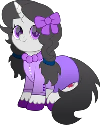 Size: 2981x3700 | Tagged: safe, artist:lincolnbrewsterfan, derpibooru import, oc, oc:putriana hoofmanda, unofficial characters only, unicorn, derpibooru community collaboration, 2023 community collab, adorable face, black mane, black tail, bow, buttons, crown, cute, cute face, cute smile, derpibooru exclusive, flower, hair bow, hair tie, horn, image, jewelry, looking at you, ocbetes, pigtails, png, purple, purple dress, purple eyes, regalia, rose, simple background, sitting, smiling, smiling at you, solo, tail, transparent background, unicorn oc, unshorn fetlocks