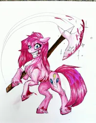 Size: 2600x3310 | Tagged: grimdark, artist:dankpegasista, derpibooru import, pinkie pie, earth pony, pony, blood, blue eyes, chest fluff, creepy, creepy smile, detailed, dynamic pose, fangs, female, floppy ears, hatchet, hoof fluff, image, injured, insanity, jpeg, looking at you, mare, painting, photo, pink hair, pinkamena diane pie, shading, sharp teeth, simple background, smiling, solo, standing on two hooves, swinging, teeth, traditional art, weapon, white background, wide smile