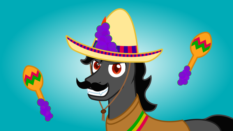 Size: 7680x4320 | Tagged: safe, artist:moonlight bloom, derpibooru import, king sombra, pony, unicorn, .svg available, absurd resolution, clothes, dark magic, facial hair, gradient background, image, king sombrero, looking at you, magic, magic aura, male, maracas, moustache, musical instrument, png, poncho, smiling, solo, sombrero, stallion, the crystal empire 10th anniversary, vector