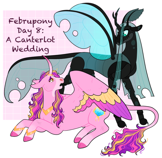 Size: 1280x1248 | Tagged: safe, artist:s0ftserve, derpibooru import, princess cadance, queen chrysalis, pony, a canterlot wedding, alternate design, colored wings, curved horn, februpony, female, horn, image, jewelry, leonine tail, mare, multicolored wings, png, regalia, wings