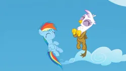 Size: 3072x1727 | Tagged: safe, derpibooru import, screencap, gilda, rainbow dash, gryphon, pegasus, pony, season 5, the lost treasure of griffonstone, ^^, cute, dashabetes, duo, duo female, eyes closed, female, filly, filly rainbow dash, flying, gildadorable, high res, image, jpeg, smiling, spread wings, wings, young gilda, younger