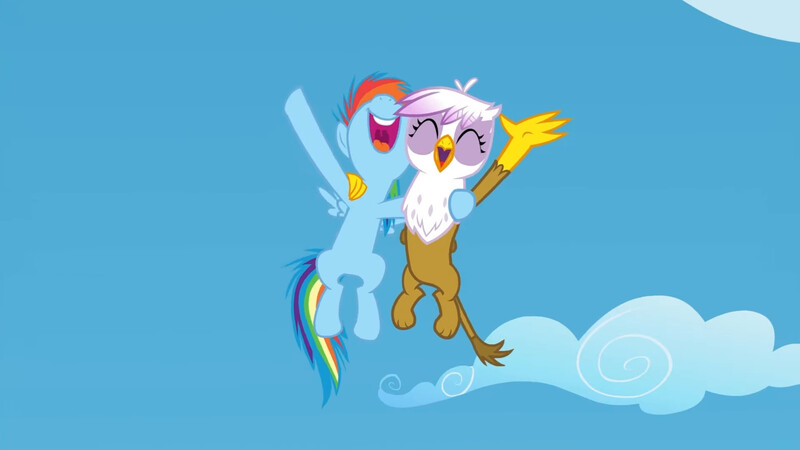 Size: 3072x1727 | Tagged: safe, derpibooru import, screencap, gilda, rainbow dash, gryphon, pegasus, pony, season 5, the lost treasure of griffonstone, ^^, cute, dashabetes, duo, duo female, eyes closed, female, filly, filly rainbow dash, flying, gildadorable, high res, image, jpeg, looking up, nose in the air, open mouth, open smile, smiling, spread wings, volumetric mouth, wings, young gilda, younger