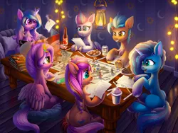 Size: 5000x3750 | Tagged: safe, artist:atlas-66, derpibooru import, autumn blaze, hitch trailblazer, izzy moonbow, pipp petals, sunny starscout, zipp storm, earth pony, pegasus, pony, unicorn, g5, my little pony: a new generation, absurd file size, alcohol, beer, beer can, book, colored wings, cookie, cup, dungeons and dragons, eyebrows, female, folded wings, food, glow, glowing horn, grin, group, horn, image, magic, magic aura, male, mane five (g5), mare, misty brightdawn, multicolored wings, open mouth, open smile, pen and paper rpg, pencil, plate, png, rpg, sextet, signature, sitting, smiling, smoothie, stallion, straw, table, telekinesis, wall of tags, wings