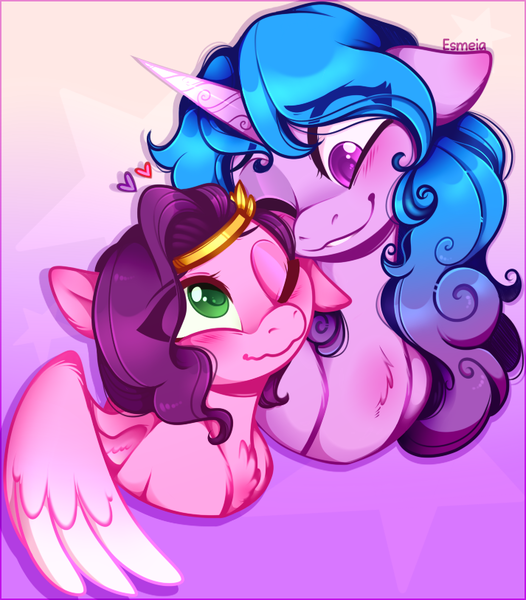 Size: 713x813 | Tagged: safe, artist:esmeia, derpibooru import, izzy moonbow, pipp petals, pegasus, pony, unicorn, blushing, eye clipping through hair, female, g5, heart, image, izzypipp, lesbian, looking at each other, looking at someone, mare, one eye closed, png, shipping, smiling, smiling at each other, smirk