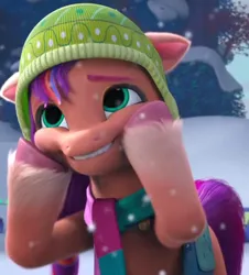 Size: 1027x1134 | Tagged: safe, derpibooru import, edit, edited screencap, screencap, sunny starscout, spoiler:g5, spoiler:winter wishday, cropped, cute, g5, grin, hat, hoof on cheek, image, jpeg, smiling, snow, solo, sunnybetes, toque, winter, winter wishday