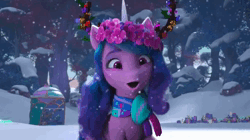 Size: 1280x716 | Tagged: safe, derpibooru import, screencap, izzy moonbow, pipp petals, sunny starscout, zipp storm, spoiler:g5, spoiler:winter wishday, animated, crown, derp, diamonds, faic, fake antlers, floral head wreath, flower, flower in hair, g5, hat, heart, image, jewelry, nope, paper crown, regalia, snow, snowfall, thinking, toque, tree branch, webm, winter, winter wishday, wreath