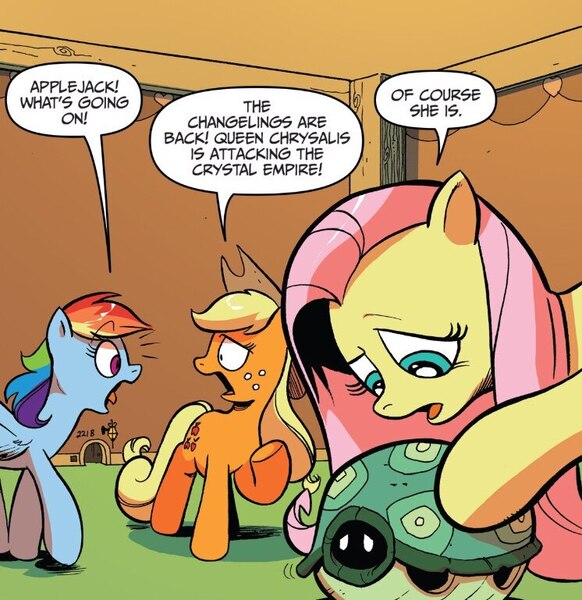 Size: 746x769 | Tagged: safe, artist:andypriceart, derpibooru import, idw, applejack, fluttershy, rainbow dash, tank, earth pony, pegasus, pony, tortoise, spoiler:comic, spoiler:comicannual2017, spoiler:guardians of harmony, dialogue, emanata, female, g4, group, image, jpeg, male, mare, quartet, speech bubble