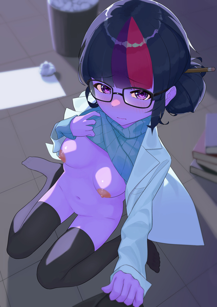 Size: 2480x3508 | Tagged: questionable, alternate version, artist:dekasuji, derpibooru import, sci-twi, twilight sparkle, equestria girls, areola, belly button, blushing, breasts, clothes, female, glasses, image, jpeg, kneeling, lab coat, nipples, nudity, shirt, shirt lift, solo
