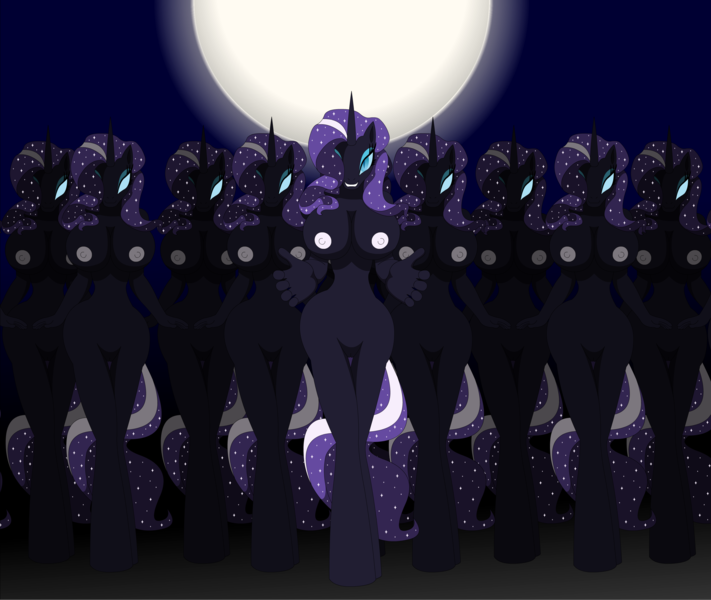 Size: 2968x2505 | Tagged: questionable, artist:hyponx, derpibooru import, nightmare rarity, anthro, unicorn, big breasts, breasts, duplication, ethereal mane, eyeshadow, featureless crotch, female, full moon, galaxy mane, horn, image, lidded eyes, looking at you, makeup, moon, night, nightmare night, nipples, nudity, one eye covered, png, slit pupils, smiling, transformation, twinning, wasp waist, wide hips, yaoi hands