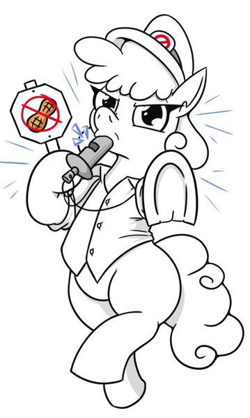 Size: 571x953 | Tagged: safe, artist:jargon scott, derpibooru import, oc, unofficial characters only, earth pony, pony, angry eyes, clothes, female, grayscale, hat, hoof hold, image, jpeg, looking at you, lying down, mare, monochrome, no nut november, on back, overhead view, partial color, shirt, sign, simple background, solo, underhoof, whistle, white background