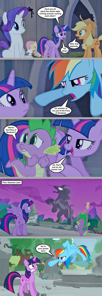 Size: 1136x3284 | Tagged: safe, artist:silverbuller, derpibooru import, edit, edited screencap, screencap, angel bunny, applejack, fluttershy, mistmane, pony of shadows, rainbow dash, rarity, spike, twilight sparkle, castle mane-ia, shadow play, comic, image, jpeg, screencap comic