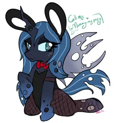 Size: 2785x3001 | Tagged: safe, artist:lolkitz, derpibooru import, changeling queen oc, oc, oc:sylvara, changeling, changeling queen, bowtie, bunny ears, bunny suit, clothes, costume, dialogue, dressup, fangs, female, fishnets, horn, image, mommy kink, png, ripped stockings, socks, solo, stockings, thigh highs, torn clothes