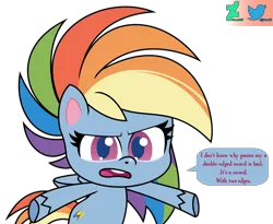 Size: 2012x1653 | Tagged: safe, artist:kuren247, derpibooru import, rainbow dash, pegasus, pony, my little pony: pony life, arms spread out, bipedal, confused, image, looking at you, png, show accurate, simple background, solo, speech bubble, talking, talking to viewer, text, transparent background, vector, watermark