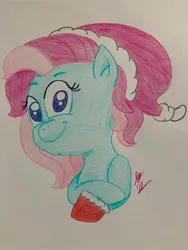 Size: 1536x2048 | Tagged: safe, artist:jesslmc16, derpibooru import, minty, earth pony, a very minty christmas, bust, chest fluff, christmas, christmas stocking, clothes, colored, colored hooves, colored pencil drawing, colored pencils, colored pupils, crossed arms, drawing, fluffy, g3, hat, holiday, image, jpeg, looking at you, portrait, santa hat, smiling, smiling at you, socks, traditional art