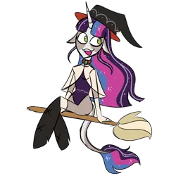 Size: 900x900 | Tagged: safe, artist:fuckomcfuck, derpibooru import, oc, oc:juniper sage, unicorn, equestria girls, boots, broom, clothes, flying, flying broomstick, hat, image, png, ponied up, shoes, solo, witch hat