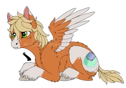 Size: 1306x908 | Tagged: safe, artist:cackling-beast, derpibooru import, oc, unofficial characters only, pegasus, pony, :t, blonde mane, colored wings, fetlock tuft, green eyes, image, lying down, male, orange fur, png, scar, short tail, spread wings, stallion, tail, two toned coat, two toned wings, watermark, white fur, wings