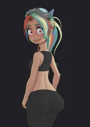 Size: 2480x3508 | Tagged: safe, artist:drnihilismo, derpibooru import, rainbow dash, human, anime, black background, blushing, butt, clothes, female, goggles, high res, humanized, image, jpeg, looking at you, looking back, open mouth, rainbutt dash, simple background, smiling, solo, sports bra