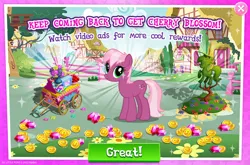 Size: 1962x1298 | Tagged: safe, derpibooru import, idw, official, cherry blossom (idw), earth pony, pony, advertisement, bush, cart, cherry, coin, english, female, flower, food, gameloft, gem, idw showified, image, jpeg, mare, solo, solo focus, text