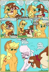 Size: 1080x1584 | Tagged: safe, artist:firefanatic, derpibooru import, applejack, cow, earth pony, sheep, them's fightin' herds, friendship is magic, arizona (tfh), calf, community related, crying, cute, dialogue, distressed, fanart, hug, image, lamb, my little pony, png, pom (tfh), pushing, talking, video game