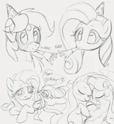 Size: 1187x1283 | Tagged: safe, artist:dotkwa, derpibooru import, fluttershy, oc, oc:deary dots, earth pony, pegasus, pony, birthday, canon x oc, cuddling, dialogue, duo, duo female, eyes closed, female, gray background, grayscale, hat, image, lesbian, mare, monochrome, party hat, party horn, png, shipping, simple background