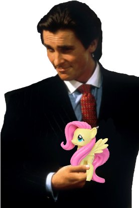 Size: 277x414 | Tagged: safe, artist:nootaz, derpibooru import, fluttershy, human, pegasus, american psycho, christian bale, image, jpeg, meme, patrick bateman, photomanipulation, toy