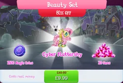 Size: 1270x853 | Tagged: safe, derpibooru import, official, fluttershy, pegasus, pony, robot, robot pony, antennae, bundle, costs real money, english, female, flutterbot, gameloft, gem, image, jpeg, magic coins, mare, monitor, numbers, roboticization, sale, solo, solo focus, spread wings, text, wings