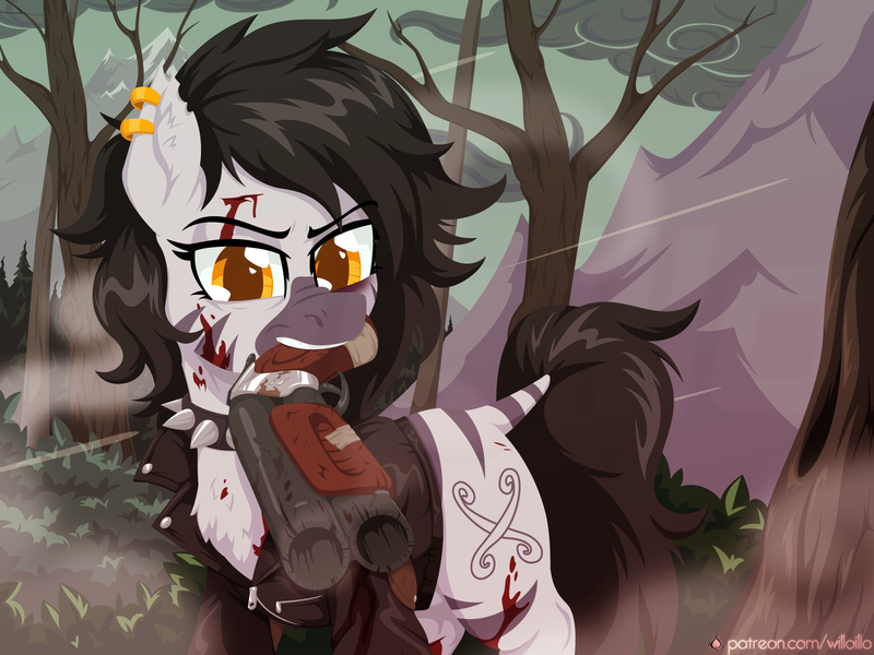 Size: 1600x1200 | Tagged: safe, artist:willoillo, derpibooru import, oc, zebra, fallout equestria, blood, clothes, commission, fallout equestria: dead end, fanfic art, gun, image, jacket, leather, leather jacket, png, shotgun, weapon