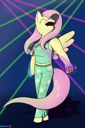 Size: 1800x2700 | Tagged: safe, derpibooru import, fluttershy, anthro, pegasus, dancing, glowstick, hoof fingers, image, neon, party, png, rave, solo