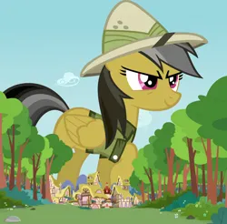 Size: 1280x1262 | Tagged: safe, derpibooru import, daring do, pegasus, pony, clothes, cloud, female, giant pegasus, giant pony, giantess, hat, houses, image, macro, mare, mega giant, png, ponyville, shirt, smiling, solo, town hall, tree