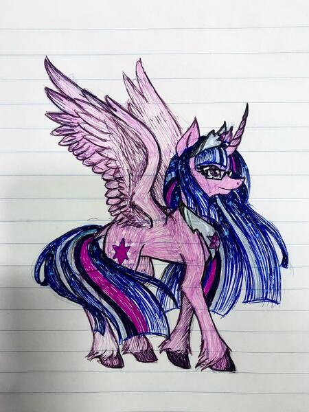 Size: 1536x2048 | Tagged: safe, artist:pyro-millie, derpibooru import, princess twilight 2.0, twilight sparkle, twilight sparkle (alicorn), alicorn, pony, the last problem, alternate design, colored, crown, curved horn, glasses, graph paper, grey hair, hooves, horn, image, jewelry, jpeg, leg fluff, long mane, looking forward, older, older twilight, pen drawing, pen sketch, peytral, photo, regalia, silver, sketch, slim, solo, spread wings, striped mane, striped tail, tail, tall, traditional art, unshorn fetlocks, walking, wing fluff, wings