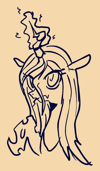 Size: 522x889 | Tagged: safe, artist:maren, derpibooru import, queen chrysalis, changeling, changeling queen, bust, doodle, female, glow, glowing horn, horn, image, jpeg, monochrome, solo, tongue out, wavy mouth