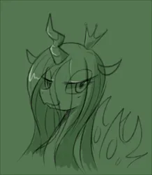 Size: 1044x1197 | Tagged: safe, artist:maren, derpibooru import, queen chrysalis, changeling, changeling queen, bust, doodle, female, image, monochrome, png, portrait, smiling, smirk, solo