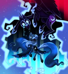 Size: 1000x1085 | Tagged: safe, artist:themiles, derpibooru import, nightmare moon, princess luna, alicorn, pony, colored wings, crying, duality, female, image, looking at each other, looking at someone, mare, png, poem in the description, two toned wings, wings