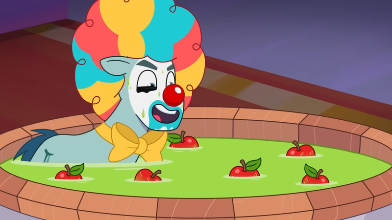 Size: 3072x1727 | Tagged: safe, derpibooru import, screencap, earth pony, pony, my little pony: tell your tale, spoiler:g5, spoiler:my little pony: tell your tale, spoiler:tyts01e30, apple, clown, clown makeup, clown nose, food, g5, high res, image, jpeg, male, nightmare night party, open mouth, open smile, red nose, rufus (g5), smiling, solo, stallion, youtube link