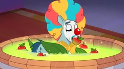 Size: 3072x1727 | Tagged: safe, derpibooru import, screencap, earth pony, pony, my little pony: tell your tale, spoiler:g5, spoiler:my little pony: tell your tale, spoiler:tyts01e30, apple, clown, clown makeup, clown nose, food, g5, high res, image, jpeg, male, nightmare night party, red nose, rufus (g5), solo, stallion, youtube link