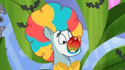 Size: 3072x1727 | Tagged: safe, derpibooru import, screencap, earth pony, pony, my little pony: tell your tale, spoiler:g5, spoiler:my little pony: tell your tale, spoiler:tyts01e30, apple, clown, clown makeup, clown nose, food, g5, high res, image, jpeg, male, nightmare night party, red nose, rufus (g5), solo, stallion, youtube link