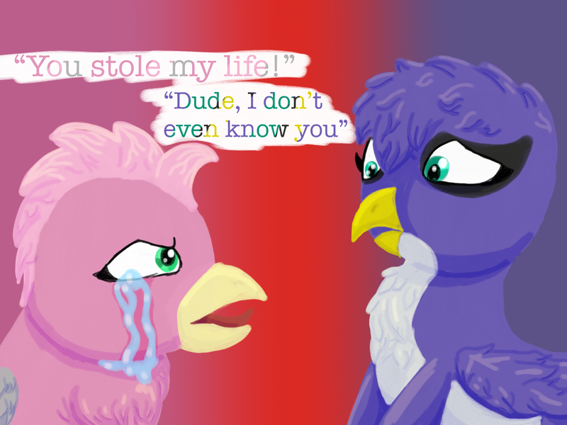 Size: 2048x1536 | Tagged: safe, artist:the crystal artist, derpibooru import, oc, oc:gamecube, oc:gumdrop, unofficial characters only, gryphon, angry, confused, crying, derpibooru exclusive, dialogue, duo, female, gradient background, griffon oc, image, lineless, looking at each other, looking at someone, meeting, png, replacement, shading, shading practice, tears of anger, text, yelling