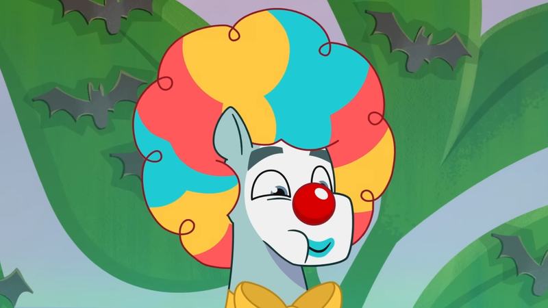 Size: 3072x1727 | Tagged: safe, derpibooru import, screencap, earth pony, pony, my little pony: tell your tale, spoiler:g5, spoiler:my little pony: tell your tale, spoiler:tyts01e30, aweeg*, clown, clown makeup, clown nose, g5, high res, image, jpeg, male, nightmare night party, red nose, rufus (g5), smiling, solo, stallion, youtube link
