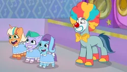 Size: 3072x1727 | Tagged: safe, derpibooru import, screencap, earth pony, pegasus, pony, unicorn, my little pony: tell your tale, spoiler:g5, spoiler:my little pony: tell your tale, spoiler:tyts01e30, clown, clown makeup, clown nose, female, filly, foal, g5, glory (g5), grin, high res, image, jpeg, male, nightmare night party, open mouth, open smile, peach fizz, pippsqueak trio, red nose, rufus (g5), seashell (g5), smiling, stallion, youtube link