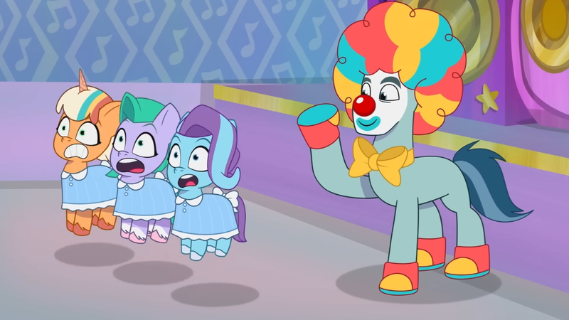 Size: 3072x1727 | Tagged: safe, derpibooru import, screencap, earth pony, pegasus, pony, unicorn, my little pony: tell your tale, spoiler:g5, spoiler:my little pony: tell your tale, spoiler:tyts01e30, clown, clown makeup, clown nose, female, filly, foal, g5, glory (g5), high res, image, jpeg, jumpscare, male, nightmare night party, open mouth, peach fizz, pippsqueak trio, red nose, rufus (g5), seashell (g5), shrunken pupils, smiling, stallion, youtube link