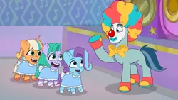 Size: 3072x1727 | Tagged: safe, derpibooru import, screencap, earth pony, pegasus, pony, unicorn, my little pony: tell your tale, spoiler:g5, spoiler:my little pony: tell your tale, spoiler:tyts01e30, clown, clown makeup, clown nose, female, filly, foal, g5, glory (g5), high res, image, jpeg, male, nightmare night party, open mouth, open smile, peach fizz, pippsqueak trio, red nose, rufus (g5), seashell (g5), smiling, stallion, youtube link